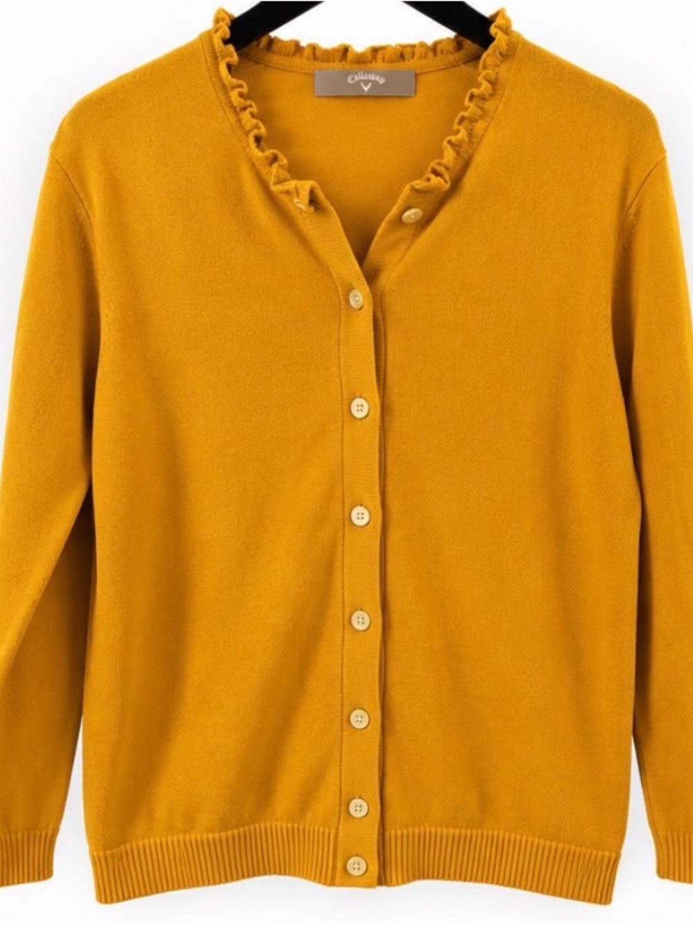 Callaway Women's Mustard Ruffle-Trim Button Cardigan Sweater